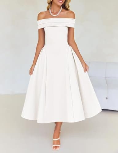ZESICA Cocktail Dresses for Women's Elegant Off Shoulder Short Sleeve Swing A Line Wedding Evening Party Midi Dress,White,Medium - Image 7