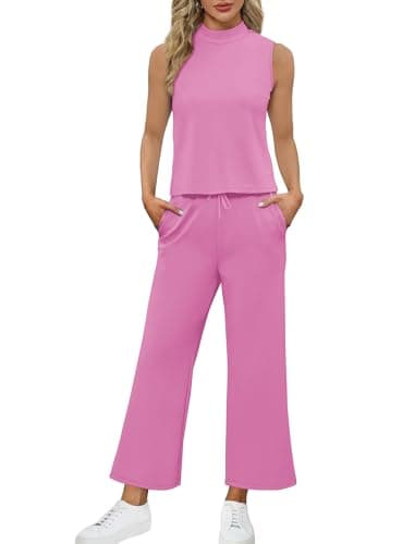 SAMPEEL Two Piece Set for Women Summer Outfits Vacation Trendy Lounge Sets Mock Neck Matching Sets Women Clothing Wide Leg Crop Pants Set - Image 3