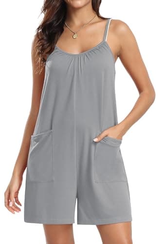 PrinStory Womens Summer Casual Sleeveless Rompers Loose Spaghetti Strap Shorts Jumpsuit with Pockets 2025 Clothes Light Gray US M - Image 1