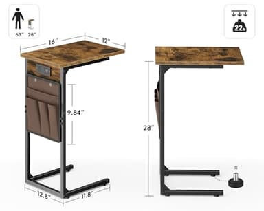 Vagusicc C Shaped End Table with Charging Station, Small Side Table for Couch, Tall Sofa Table Couch Side Tables, Slide Under Sofa Table TV Tray Arm C Tables for Living Room, Bedroom, Bedside, Brown - Image 3