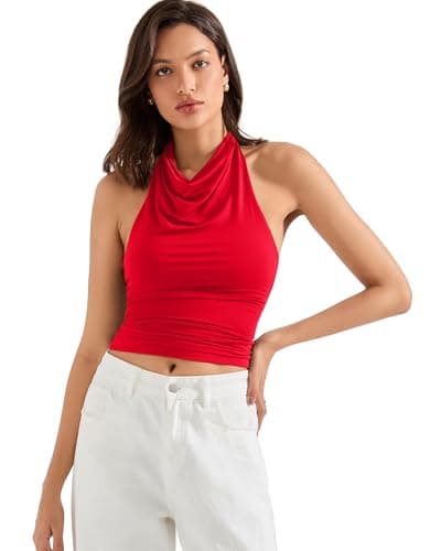 SUUKSESS Women Halter Backless Tank Tops Sexy Cowl Neck Summer Going Out Tops Sleeveless Camisole Top (Red,M) - Image 1