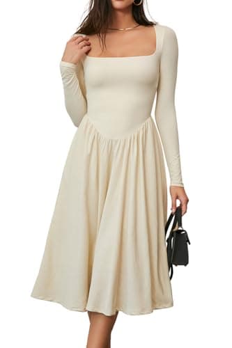 CHYRII Womens Spring Fashion 2025 Square Neck Long Sleeve Casual A-Line Midi Dress Beige XXL - Image 1