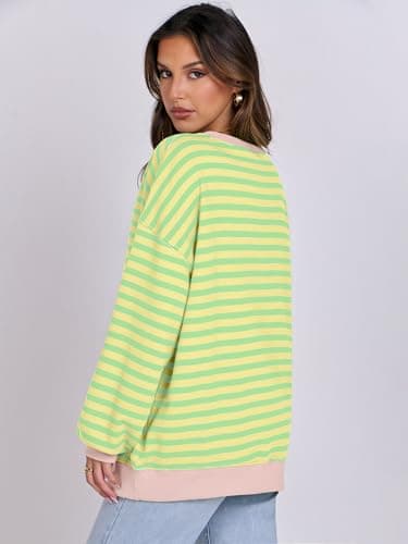 ANRABESS Women Striped Sweatshirts Oversized Crewneck Long Sleeve Shirts Y2K Pullover Top 2025 Fall Outfits Fashion Clothes Light Yellow Green Large - Image 5