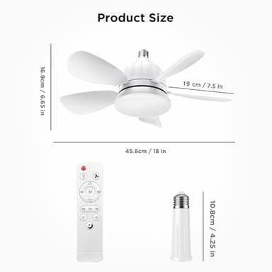 OSTIVE Socket Fan Light with Remote: 18'' Small Ceiling Fans with Lights, 2000 Lumens Dimmable Led Bulb, 3 Colors 3000K-6500K, Easy Install Screw in E26 Base for Bedroom Living Room Kitchen Garage - Image 8