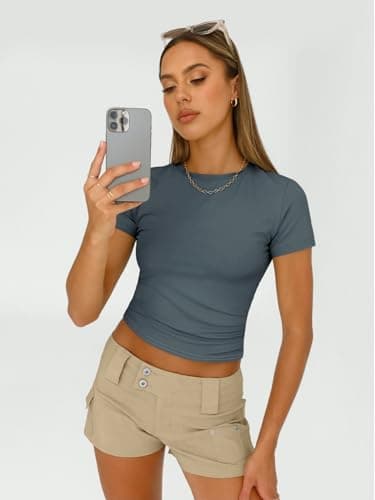 AUTOMET Womens 3 Piece Short Sleeve Shirts Basic Going Out Slim Fitted Crop Tops 2025 Summer Y2k Clothes Black,White,Haze Blue XL - Image 3