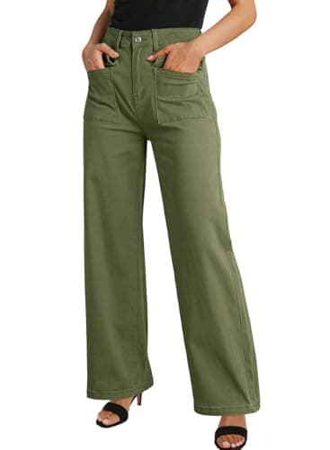 Dokotoo Women's Pants High Waisted Cargo Pants Womens Wide Leg Baggy Jeans for Women Straight 2025 Spring Outfits Fashion Clothes Casual Trendy Pocket Teen Girls Trousers Stretch Denim Green - Image 2