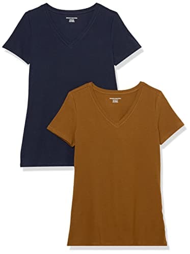 Amazon Essentials Women's Regular-Fit Short-Sleeve V-Neck T-Shirt, Pack of 2, Dark Chestnut Brown/Navy, Small - Image 1