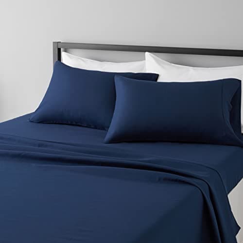 Amazon Basics Lightweight Super Soft Easy Care Microfiber 4 Piece Bed Sheets Set with 14-Inch Deep Pockets, Queen, Navy Blue, Solid - Image 1