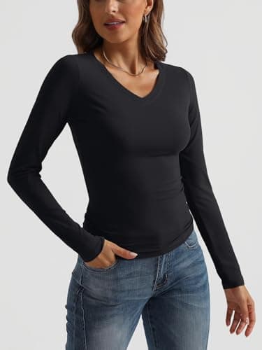 Trendy Queen Long Sleeve Shirts for Women 2025 Early Fall Fashion Crop Tops for Women V Neck Casual Basics Slim Fitted Y2K Cute Dress Tops Outfits Clothes Blouses Black S - Image 2