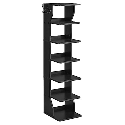VASAGLE 7-Tier Vertical Shoe Rack, Narrow Shoe Storage Organizer with Hooks, Slim Corner Tower Shelf, Space-Saving for Entryway and Bedroom, Black ULBS200T16 - Image 1