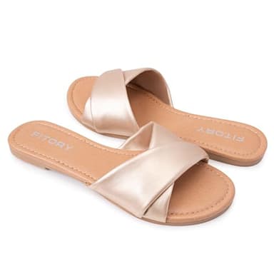 FITORY Women's Flat Sandals Fashion Slides With Soft Leather Slippers for Summer Gold Size 9 - Image 5