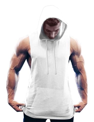 COOFANDY Men's Workout Hooded Tank Tops Bodybuilding Muscle Cut Off T Shirt Sleeveless Gym Hoodies White - Image 1