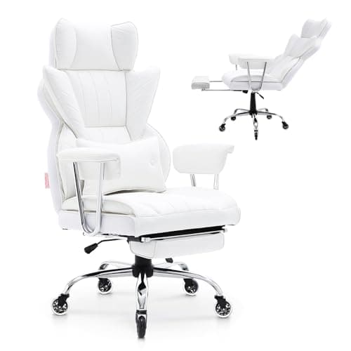 VEVOR Reclining Office Chair with Footrest, Heavy Duty PU Leather Oversize Office Chair, Big and Tall Executive Office Chairs with Lumbar Support, Strong Metal Base Quiet Wheels, White - Image 1