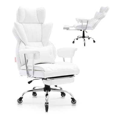 VEVOR Reclining Office Chair with Footrest, Heavy Duty PU Leather Oversize Office Chair, Big and Tall Executive Office Chairs with Lumbar Support, Strong Metal Base Quiet Wheels, White - Image 1