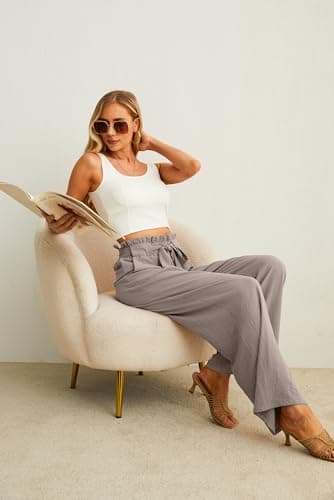 IWOLLENCE Women's Wide Leg Pants with Pockets High Waist Adjustable Knot Loose Casual Trousers Business Work Casual Pants Light Khaki XX-Large - Image 5
