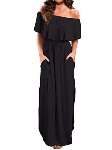 VERABENDI Women's Off Shoulder Summer Casual Long Ruffle Beach Maxi Dress with Pockets Black L - Image 1