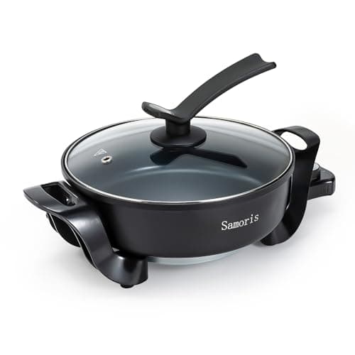 Samoris Electric Skillet with lid 3 Quart 10 Inch Round Cooker with Nonstick Coating,Electric Hot Pots and Frying Pan,Adjustable Temperature, Tempered Glass Lid with Vent, 1200W,Black - Image 1