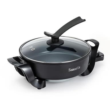 Samoris Electric Skillet with lid 3 Quart 10 Inch Round Cooker with Nonstick Coating,Electric Hot Pots and Frying Pan,Adjustable Temperature, Tempered Glass Lid with Vent, 1200W,Black - Image 1