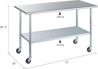 ROCKPOINT Stainless Steel Table for Prep & Work with Caster Wheels 30x72 Inches, NSF Metal Commercial Kitchen Heavy Duty Table with Adjustable Under Shelf and Table Foot for Restaurant, Home and Hotel - Image 3