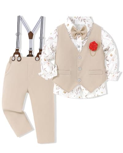 WESIDOM Toddler Dresses Suit Baby Boy Clothes Set Bowtie Shirts+Pants+Vest+Boutonniere Kids Gentleman Wedding Outfit(Apricot+2-3T) - Image 1