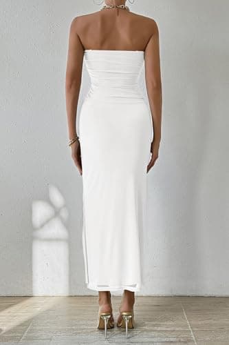 PRETTYGARDEN Women's Summer Maxi Bodycon Dresses Strapless Tube Top Printed Long Party Club Slit Dress (White,X-Large) - Image 2