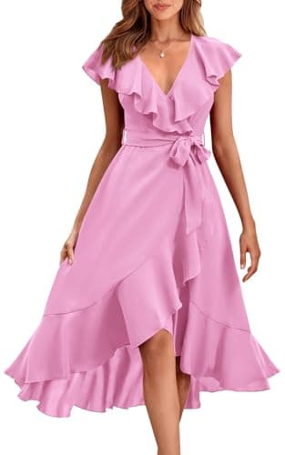 PRETTYGARDEN Women's 2025 Summer Cross Maxi Dress Casual Boho Deep V Neck Short Sleeve Ruffle Hem Split Beach Long Dresses (Bright Pink,Large) - Image 1
