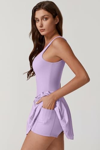 QINSEN Sleeveless Tennis Dress for Women Athletic Dress Built in Shorts Pockets for Exercise Light Purple L - Image 2