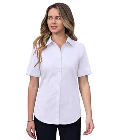 siliteelon Short Sleeve Button Dress Shirts for Women Cotton Button Down Shirts for Women Slim Fit Blouse Top 3/4 Sleeve White - Image 6