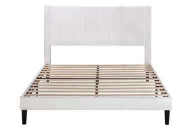 Allewie Queen Bed Frame/Velvet Upholstered Bed Frame with Vertical Channel Tufted Headboard/Strong Wooden Slats/Platform Bed Frame/Mattress Foundation/Box Spring Optional/Easy Assembly/White - Image 9
