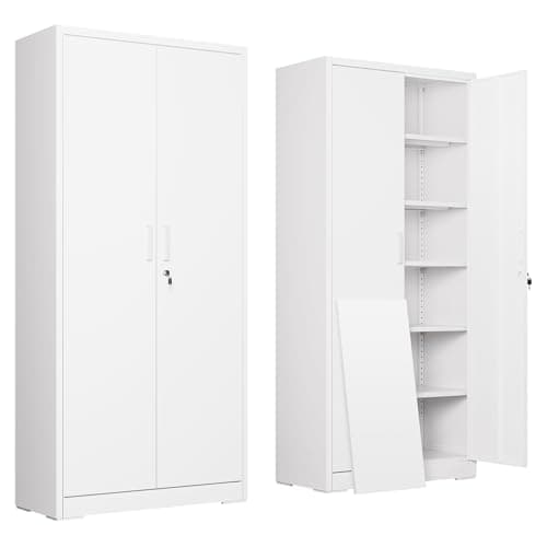 DEVAISE Garage Storage Cabinet, Metal Storage Cabinet with 2 Doors and 5 Adjustable Shelves, 71'' Lockable Steel File Cabinet, White for Home, Office, Garage, Shool, Gym - Image 1