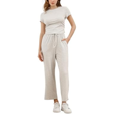 EYZH Womens Summer Lounge Set - Ruched Crop Top & High Waist Wide Leg Pants, 2-Piece Comfy Outfit - Image 1