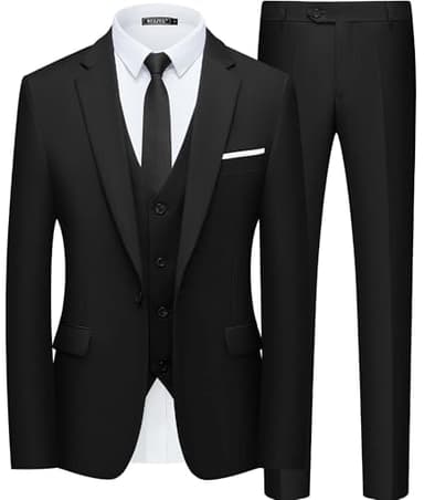 WULFUL Men’s Slim Fit Suit One Button 3-Piece Blazer Dress Business Wedding Party Jacket Vest & Pant Black - Image 1