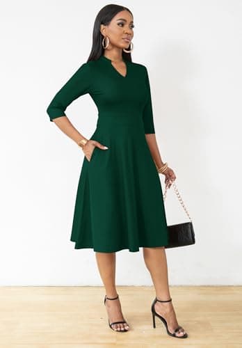Nmoder Casual Dresses for Women Semi Formal Fit and Flare 3/4 Sleeve A-line Church Work Dress with Pockets Pine Green L - Image 2