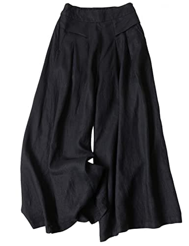 Hooever Women's Cotton Linen Culottes Pants Elastic Waist Wide Leg Palazzo Trousers Capri Pant (Black-XL) - Image 1