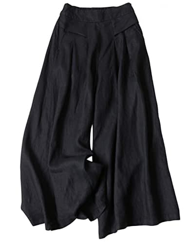 Hooever Women's Cotton Linen Culottes Pants Elastic Waist Wide Leg Palazzo Trousers Capri Pant (Black-XL) - Image 1