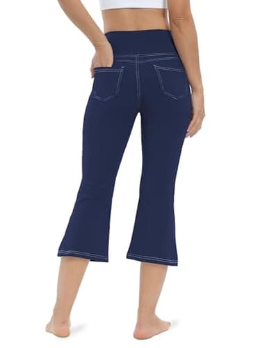 VOOVEEYA Women's Bootcut Leggings - Bootleg Yoga Pants Flare with 4 Pockets,Tummy Control High Waisted Casual Dress Pants（Capri Bootcut-Navy Blue-M） - Image 3