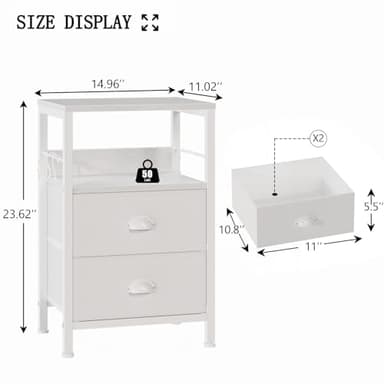 Furologee Nightstands Set of 2, End Table with 2 Fabric Drawers, Night Stand with 2 Hooks, Open Wood Shelf Bedside Table for Bedroom/Living Room/White - Image 3