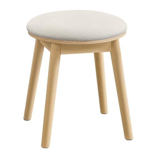 SONGMICS HOME BOHOVEN Collection - Vanity Stool, Upholstered Makeup Stool with Solid Wood Legs, Round Footstool, Non-Slip Foot Pads, Boho Style, for Bedroom, Makeup Room, Cream White and Oak Beige - Image 1