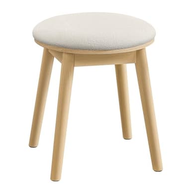 SONGMICS HOME BOHOVEN Collection - Vanity Stool, Upholstered Makeup Stool with Solid Wood Legs, Round Footstool, Non-Slip Foot Pads, Boho Style, for Bedroom, Makeup Room, Cream White and Oak Beige - Image 1