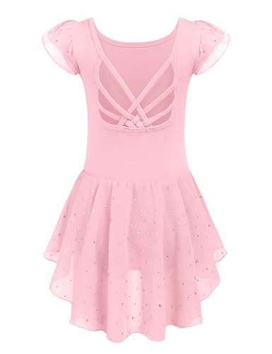 Arshiner Girls Shiny Ruffle Sleeve Ballet Leotard with Skirt Criss-Cross Back Dance Dresses - Image 1