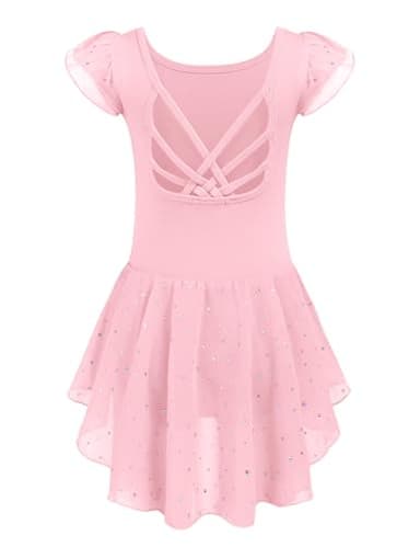 Arshiner Girls Shiny Ruffle Sleeve Ballet Leotard with Skirt Criss-Cross Back Dance Dresses - Image 1