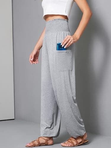QIANXIZHAN Women's Harem Pants, High Waist Yoga Boho Trousers with Pockets Grey L - Image 8
