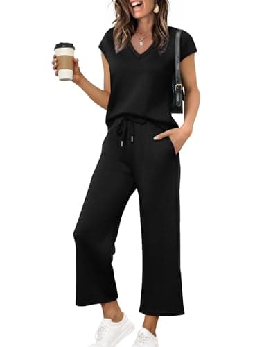 Two Piece Sets for Women Lounge Set Summer Travel School Outfits for Teachers Business Casual Matching Sets Women Clothing Beach Vacation Clothes Early Fall Fashion Wide Leg Crop Pants Black L - Image 1