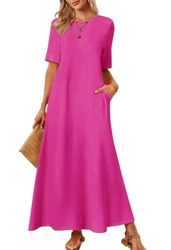 MEROKEETY Women's 2025 Summer Maxi Dress Casual Short Sleeve Beach Vacation Crewneck Basic Long T Shirt Dresses, Rose, Medium - Image 1