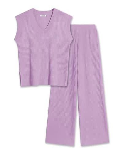 Ekouaer Lounge Sets for Women 2 Piece Outfits Knit Sweater Vest Lounge Pants Casual Matching Loungewear Set Lilac XXL - Image 1