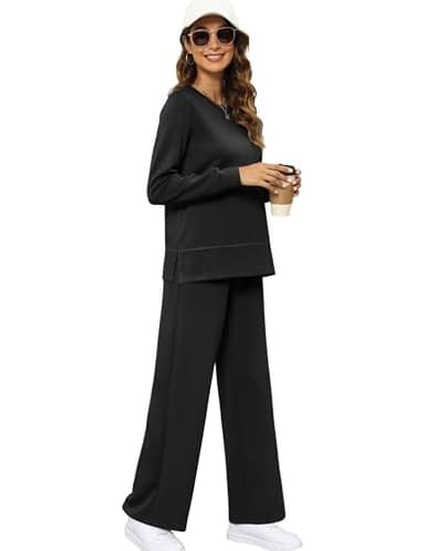XIEERDUO Lounge Set for Women Two Piece Fall Outfits Winter Travel Long Sleeve Tracksuit Wide Leg Sweatsuit Vacation Loungewear Loose Sweatsuit Ladies Going Out Clothes Clothing Black XL - Image 2