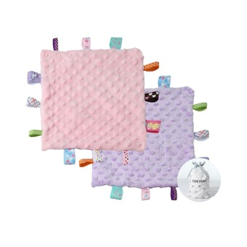CREVENT Tag Security Blankets for Babies, Soft Small Loveys for Girls, Baby Comforter Sensory Blanket, Great Gifts for Birthday Baby Shower 10"X10" (Purple+Pink Tag, Crib) - Image 1