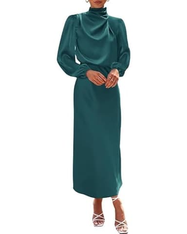 BTFBM Womens Mock Neck Satin Dress Summer Fall 2025 Long Sleeve High Waist Formal Wedding Party Maxi Cocktail Dresses(Dark Green, X-Large) - Image 2
