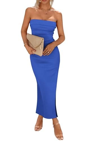 PRETTYGARDEN Women's Summer Bodycon Maxi Tube Dress Ribbed Strapless Side Slit Long Going Out Casual Elegant Party Dresses (Blue,Medium) - Image 1