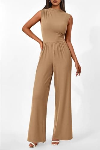PRETTYGARDEN Womens Summer Jumpsuits Dressy Casual One Piece Outfits Sleeveless Mock Neck Wide Leg Pants Rompers with Pockets (Style2-Camel,Medium) - Image 4